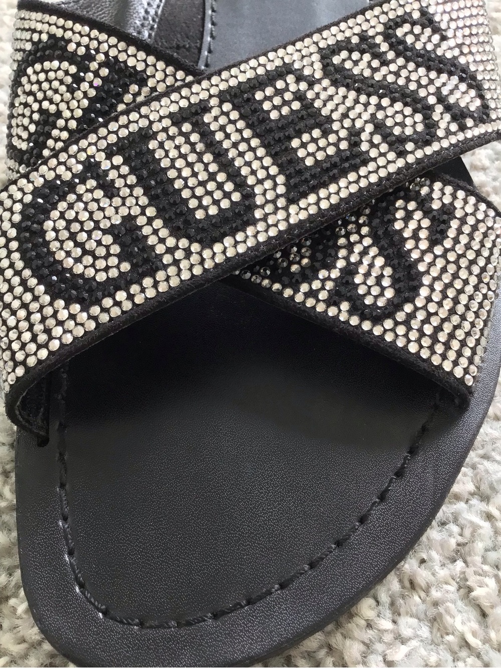 GUESS Women’s Black Sandal with Silver/Black Crystal Rhinestones, size 8